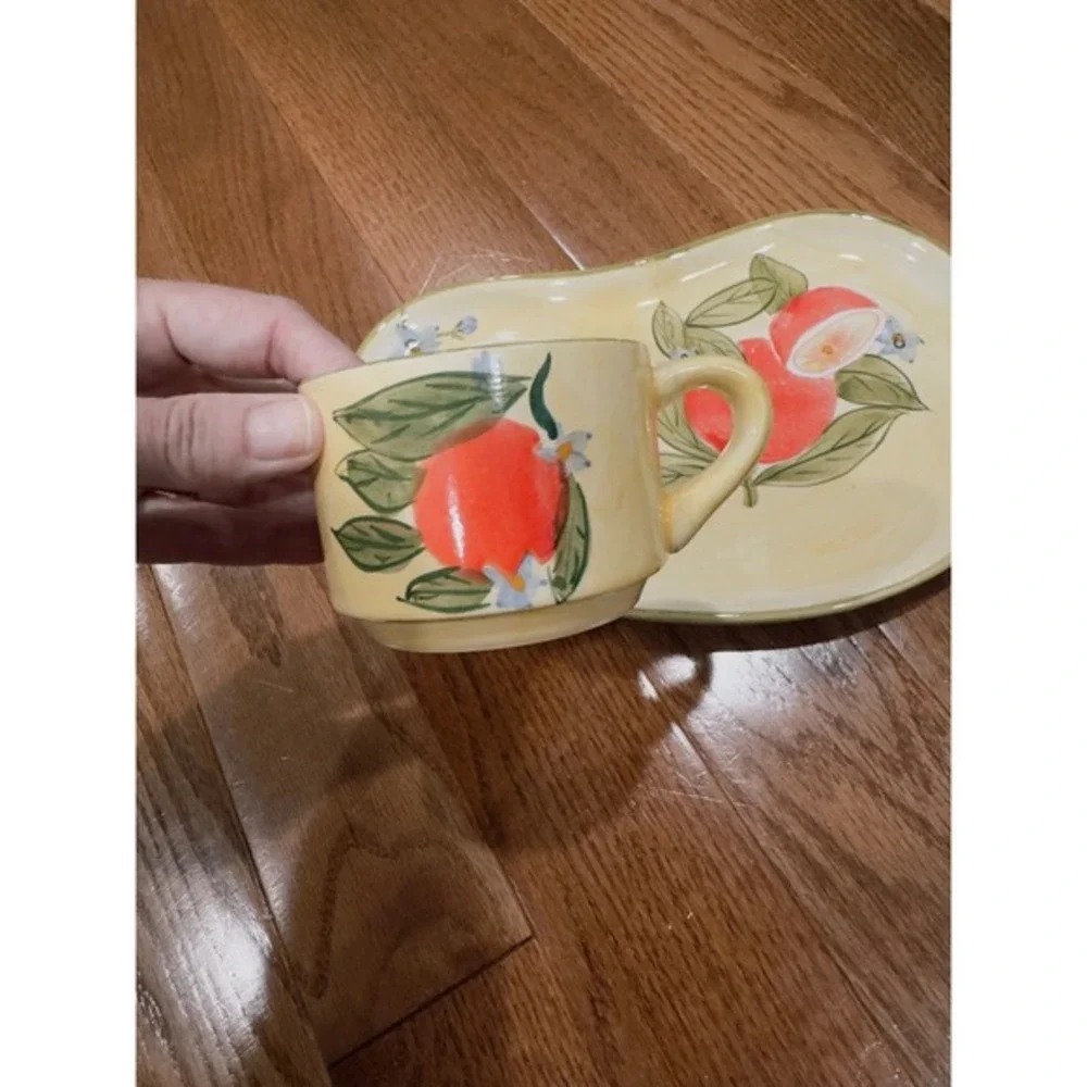 Lillian Vernon‎ Ceramic Snack Set Cup and Plate Orange Citrus Fruit Hand Painted